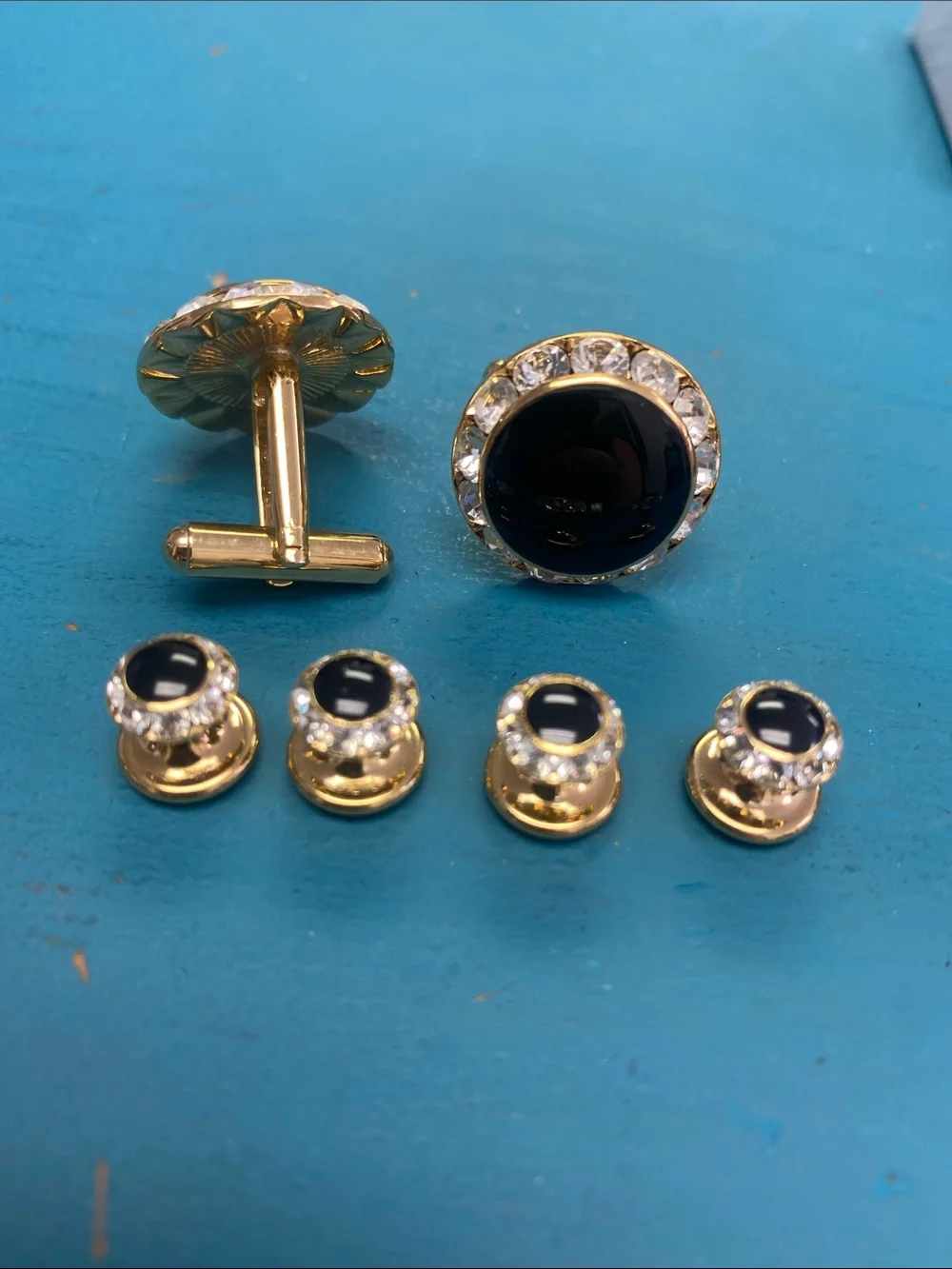 Gold-Tone Black Crystal Cufflink and Stud Set